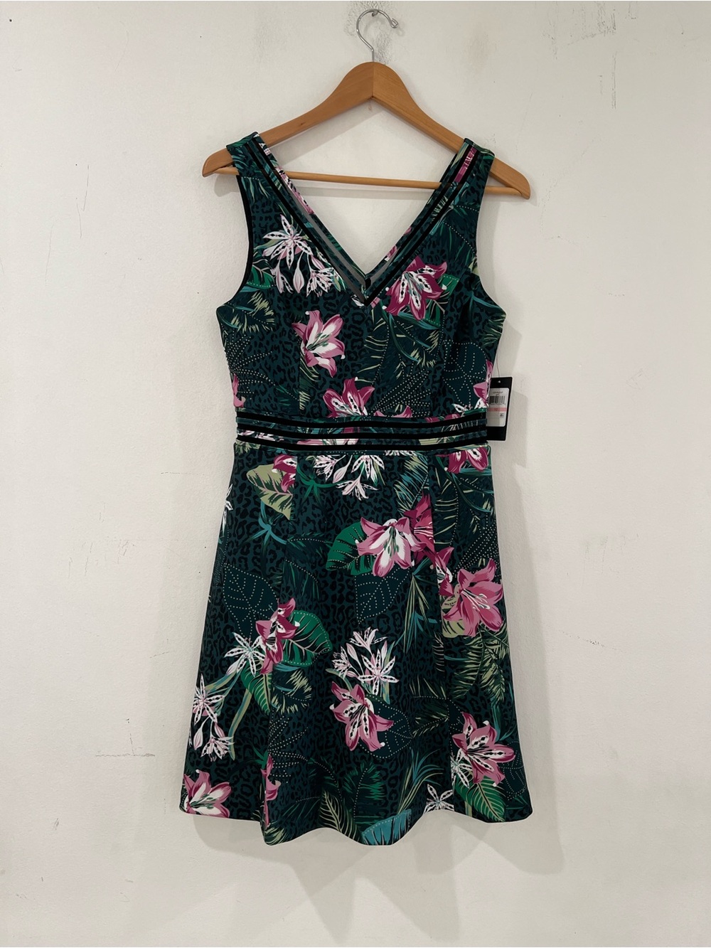 GUESS Floral V-Neck A-Line Dress in Teal and Pink 10